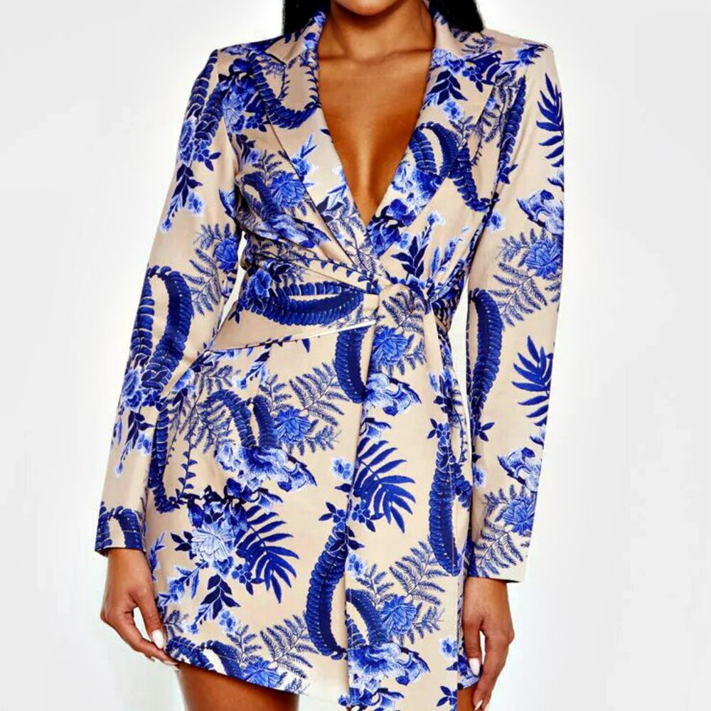 PrettyLittleThing Beige Mini Dress with Blue Floral Print